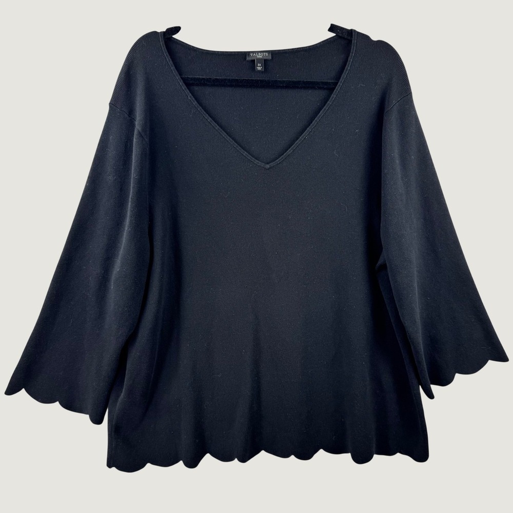 Talbots V-Neck Sweater Women 3X Black Scalloped Hem Bell Sleeve Ribbed Knit 7219